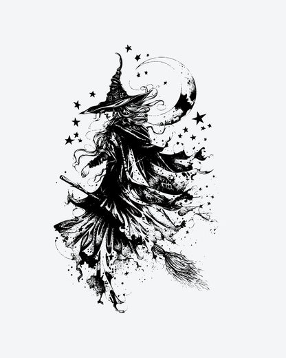 Moon Witch semi-permanent tattoo design by INKY – Crescent Moon, Star illustration, 4 x 7 in (10x17 cm), available at inkytatt.com