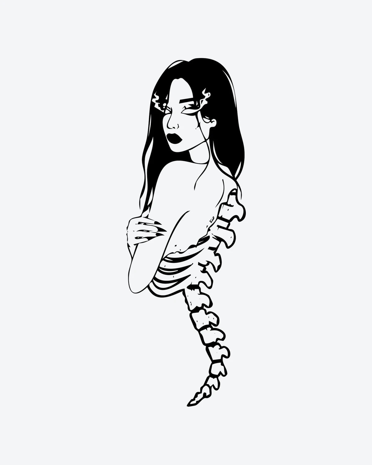 Fiery Spine semi-permanent tattoo design by INKY – Eye, Woman, Spine illustration, 2 x 4 in (6x10 cm), available at inkytatt.com