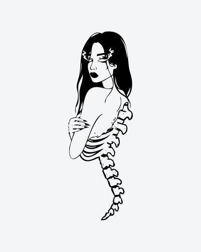 Fiery Spine semi-permanent tattoo design by INKY – Eye, Woman, Spine illustration, 2 x 4 in (6x10 cm), available at inkytatt.com