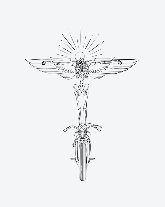 Ghost Rider semi-permanent tattoo design by INKY – Fine Line, Skull, Lines, Skeleton illustration, 3 x 4 in (7x10 cm), available at inkytatt.com