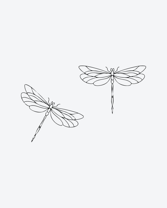Dragonfly Duo semi-permanent tattoo design by INKY – Fine Line, Dragonfly, Wings, Pattern illustration, 3 x 3 in (7x7 cm), available at inkytatt.com