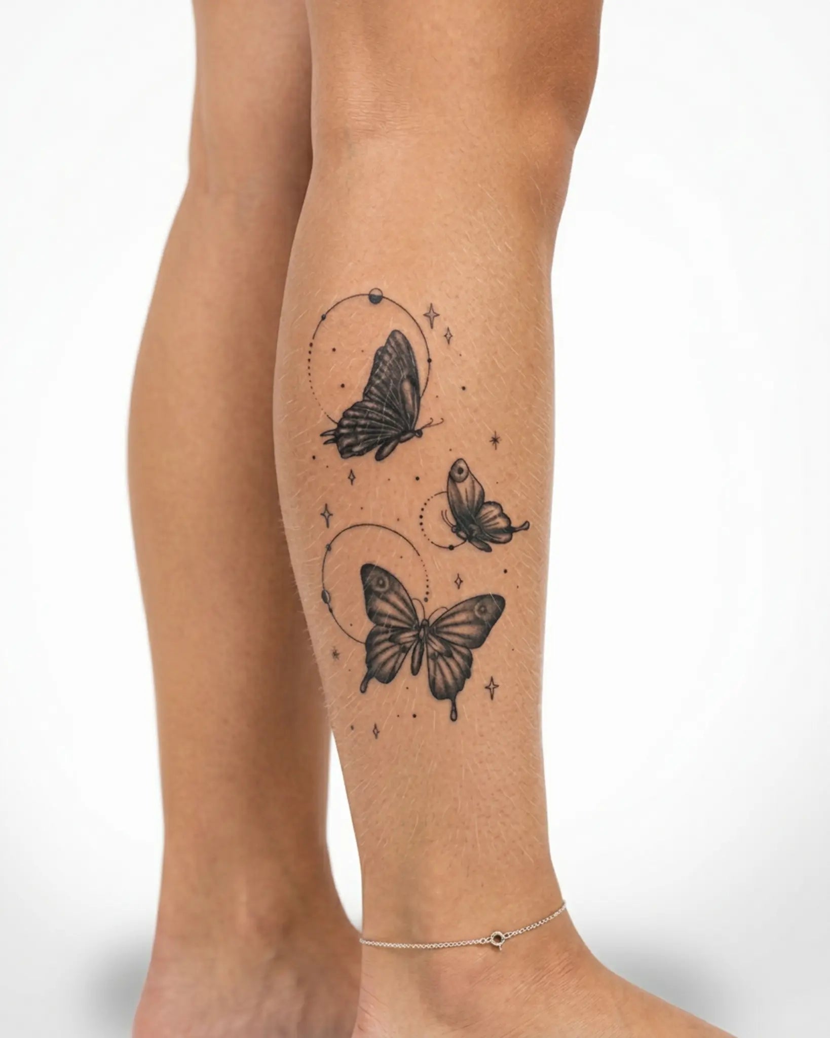 INKY Starry Flight semi-permanent tattoo applied on a woman – 4 x 7 in (10x17 cm) design, realistic ink look, lasts 10 days