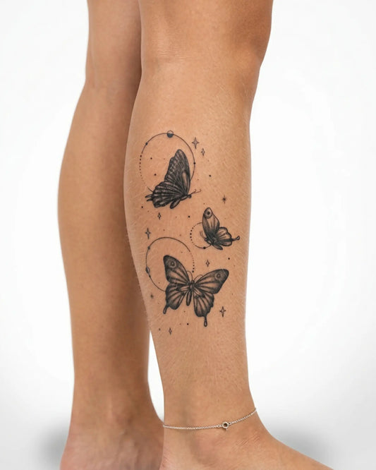 INKY Starry Flight semi-permanent tattoo applied on a woman – 4 x 7 in (10x17 cm) design, realistic ink look, lasts 10 days
