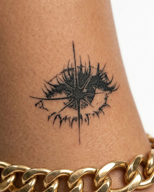 INKY Star Eye semi-permanent tattoo applied on a woman – 3 x 3 in (7x7 cm) design, realistic ink look, lasts 10 days