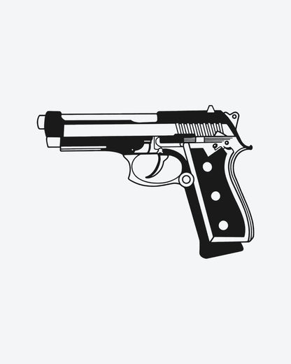 Handgun semi-permanent tattoo design by INKY – Line Art, Silhouette illustration, 2 x 2 in (4x4 cm), available at inkytatt.com