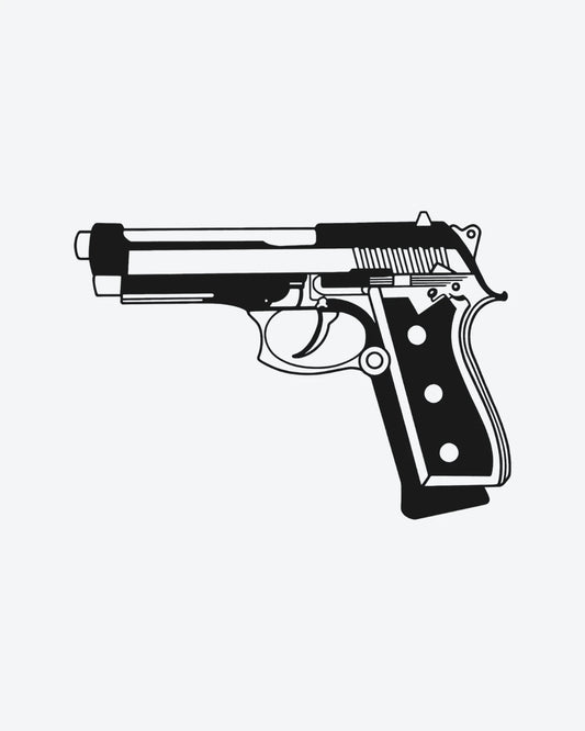 Handgun semi-permanent tattoo design by INKY – Line Art, Silhouette illustration, 2 x 2 in (4x4 cm), available at inkytatt.com