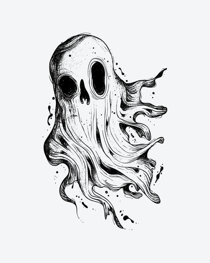 Phantom Ink semi-permanent tattoo design by INKY – Fine Line, Skull, Eye, Dotwork, Face illustration, 3 x 4 in (7x10 cm), available at inkytatt.com