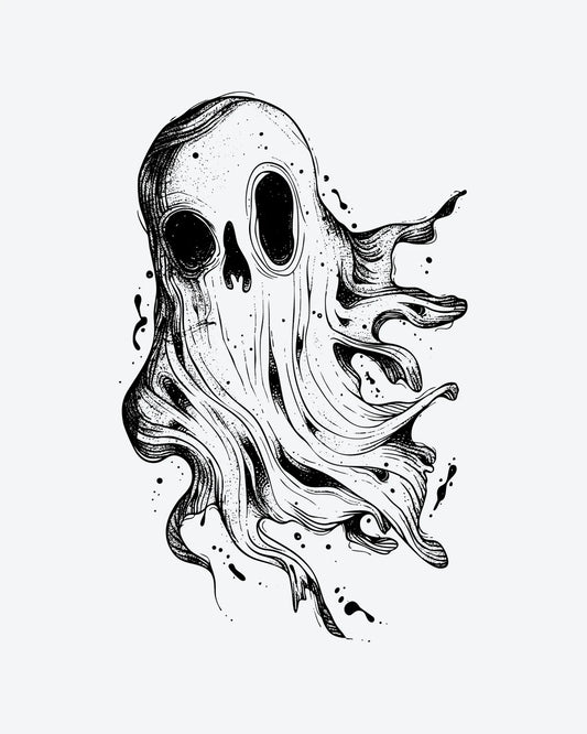 Phantom Ink semi-permanent tattoo design by INKY – Fine Line, Skull, Eye, Dotwork, Face illustration, 3 x 4 in (7x10 cm), available at inkytatt.com