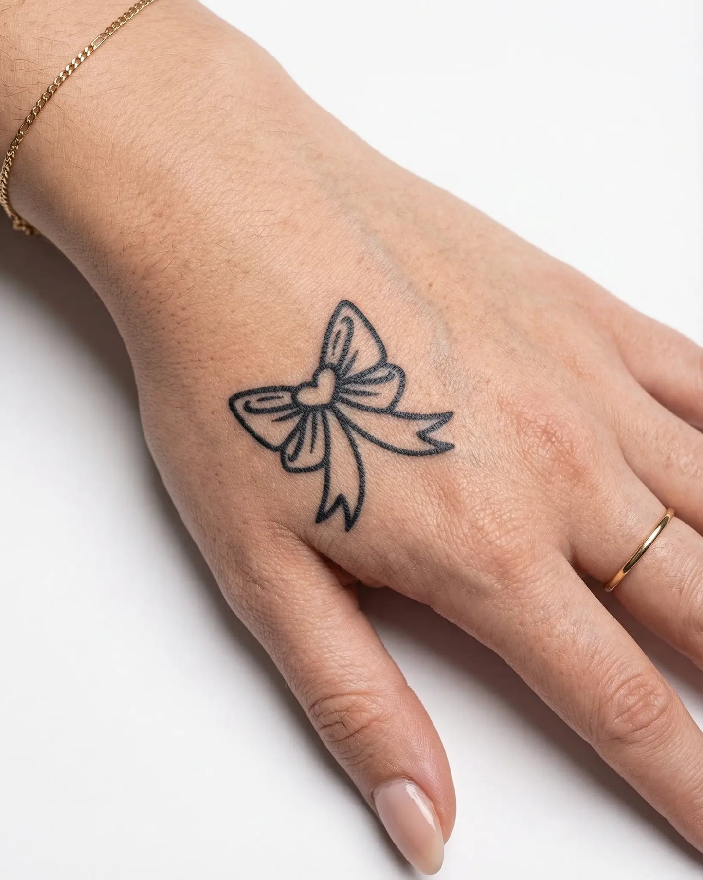 INKY Heart Bow semi-permanent tattoo applied on a woman – 2 x 2 in (4x4 cm) design, realistic ink look, lasts 10 days