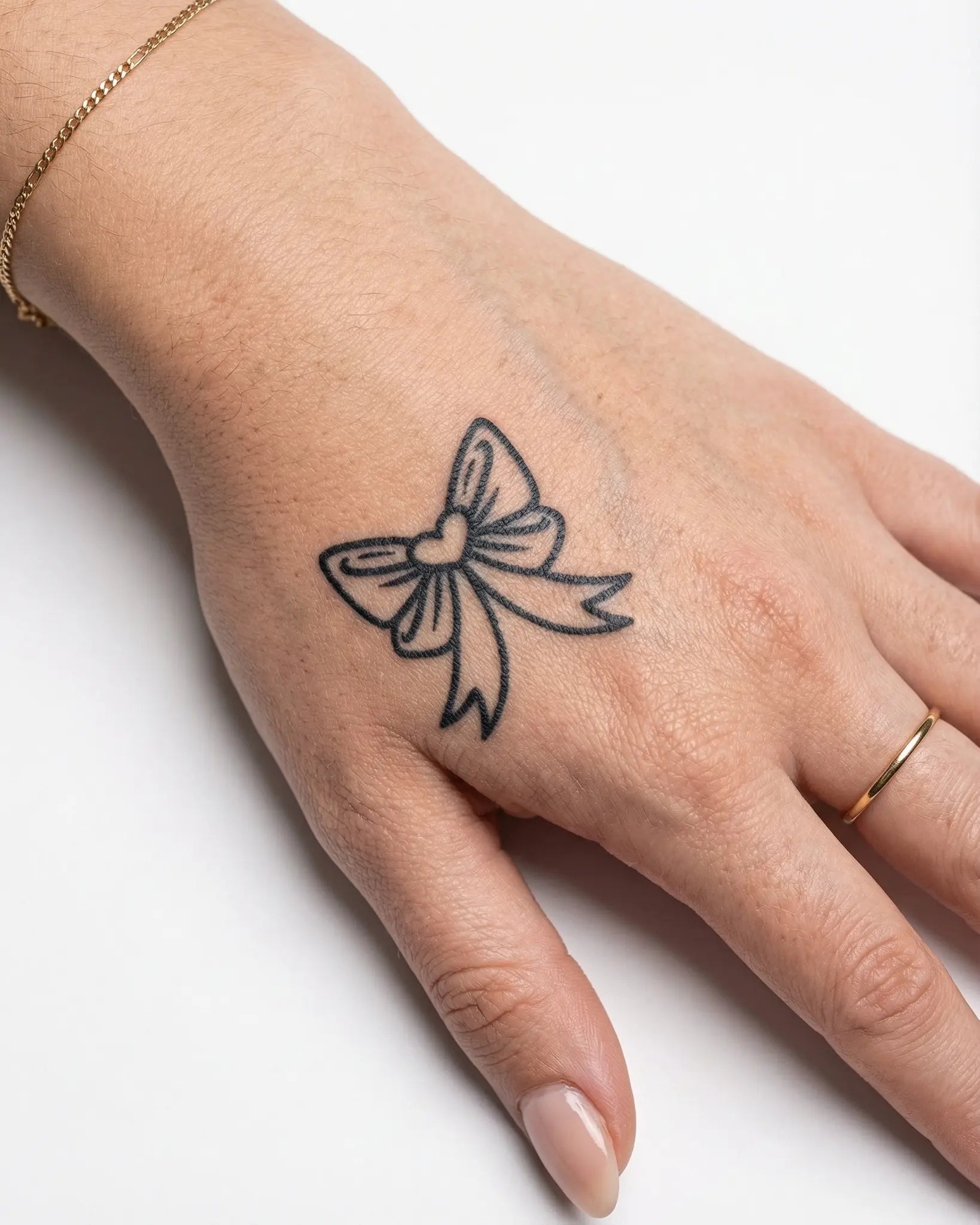 INKY Heart Bow semi-permanent tattoo applied on a woman – 2 x 2 in (4x4 cm) design, realistic ink look, lasts 10 days