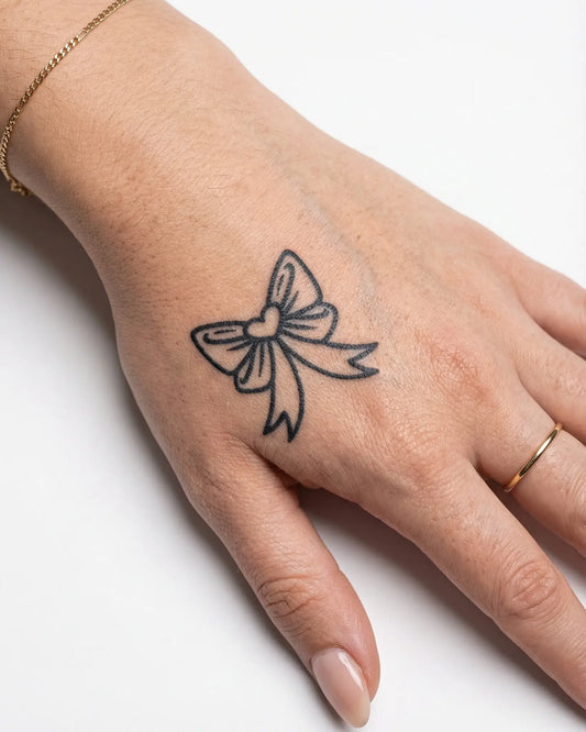 INKY Heart Bow semi-permanent tattoo applied on a woman – 2 x 2 in (4x4 cm) design, realistic ink look, lasts 10 days