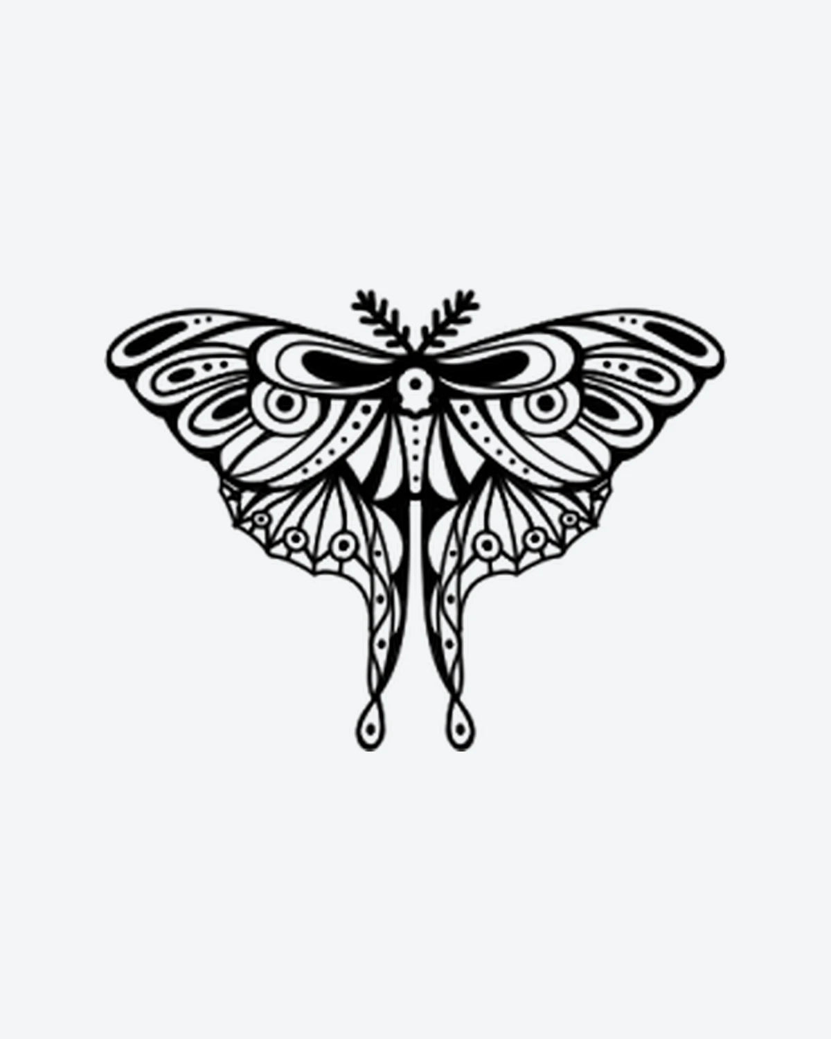 Mystic Moth 2 semi-permanent tattoo design by INKY – Skull, Wings, Dots, Moth, Branches illustration, 2 x 2 in (4x4 cm), available at inkytatt.com