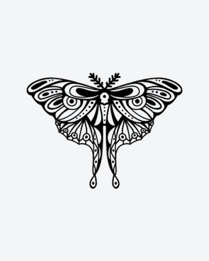 Mystic Moth 2 semi-permanent tattoo design by INKY – Skull, Wings, Dots, Moth, Branches illustration, 2 x 2 in (4x4 cm), available at inkytatt.com