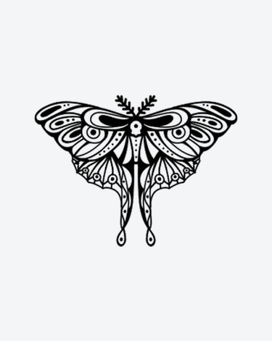 Mystic Moth 2 semi-permanent tattoo design by INKY – Skull, Wings, Dots, Moth, Branches illustration, 2 x 2 in (4x4 cm), available at inkytatt.com