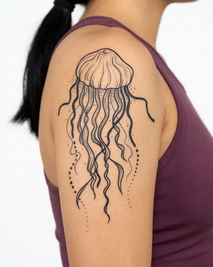 INKY Jellyfish Art 2 semi-permanent tattoo applied on a woman – 4 x 7 in (10x17 cm) design, realistic ink look, lasts 10 days