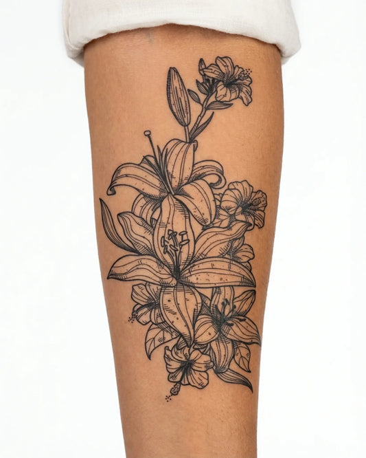 INKY Lush Lilies semi-permanent tattoo applied on a woman – 4 x 7 in (10x17 cm) design, realistic ink look, lasts 10 days