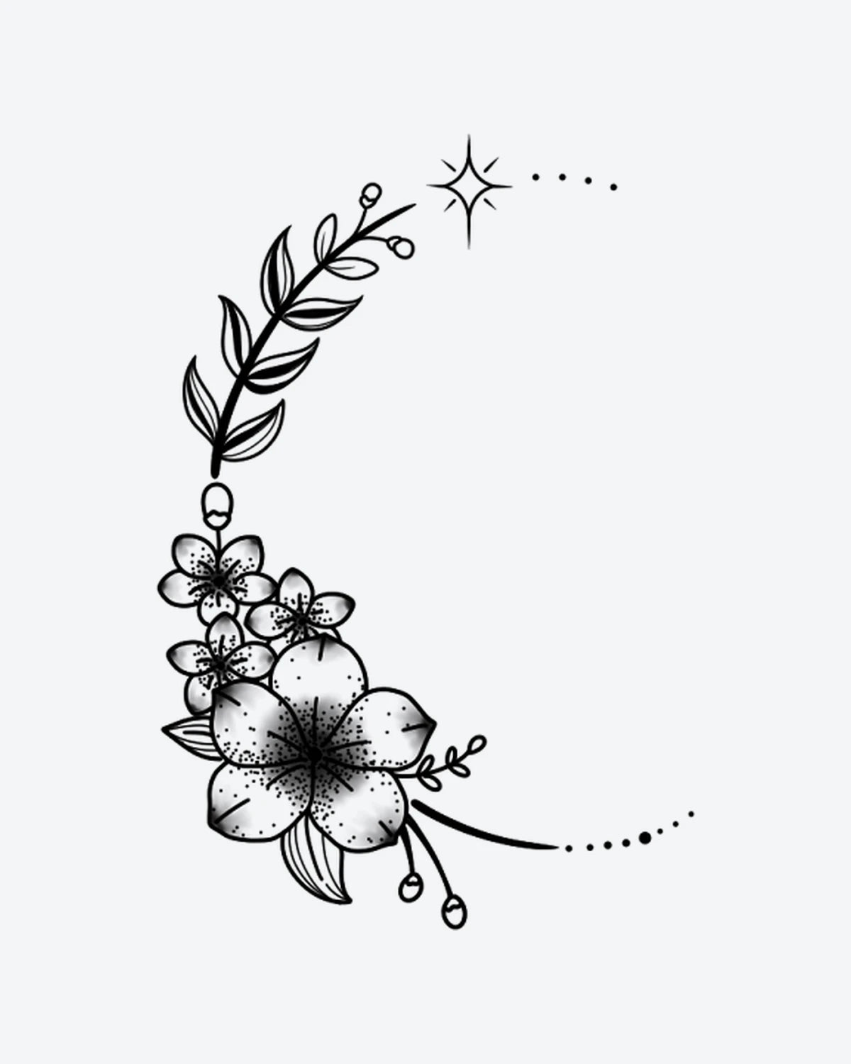 Floral Moon semi-permanent tattoo design by INKY – Fine Line, Flower, Leaves, Star, Dots illustration, 3 x 3 in (7x7 cm), available at inkytatt.com