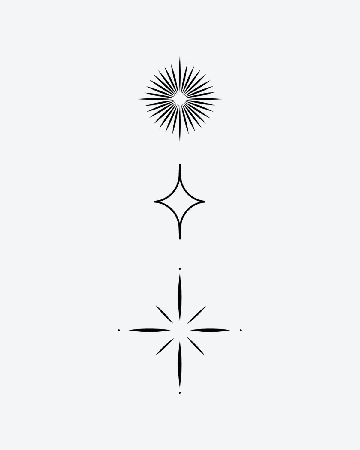 Sparkle Set semi-permanent tattoo design by INKY – Star, Starburst, Sparkle, Geometric, Dots illustration, 2 x 4 in (6x10 cm), available at inkytatt.com