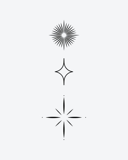 Sparkle Set semi-permanent tattoo design by INKY – Star, Starburst, Sparkle, Geometric, Dots illustration, 2 x 4 in (6x10 cm), available at inkytatt.com