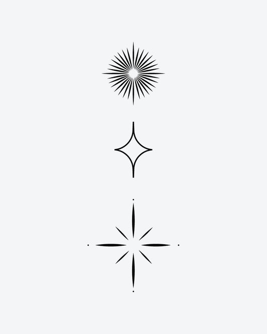 Sparkle Set semi-permanent tattoo design by INKY – Star, Starburst, Sparkle, Geometric, Dots illustration, 2 x 4 in (6x10 cm), available at inkytatt.com