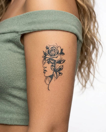INKY Bloom Femme semi-permanent tattoo applied on a woman – 3 x 4 in (7x10 cm) design, realistic ink look, lasts 10 days