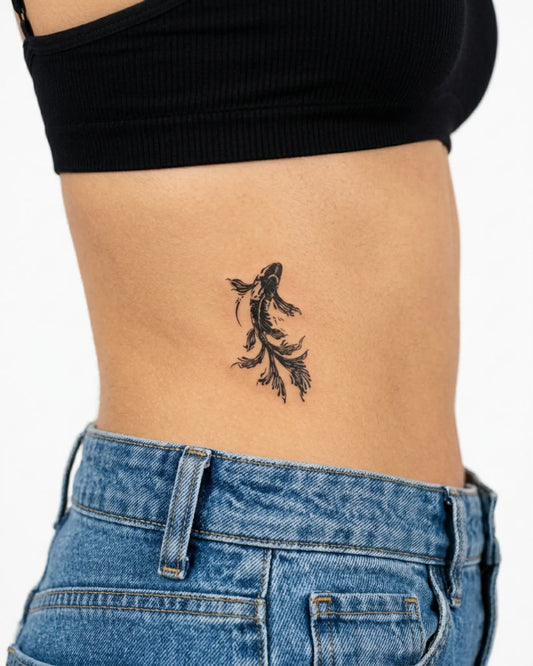 INKY Black Koi semi-permanent tattoo applied on a woman – 3 x 3 in (7x7 cm) design, realistic ink look, lasts 10 days