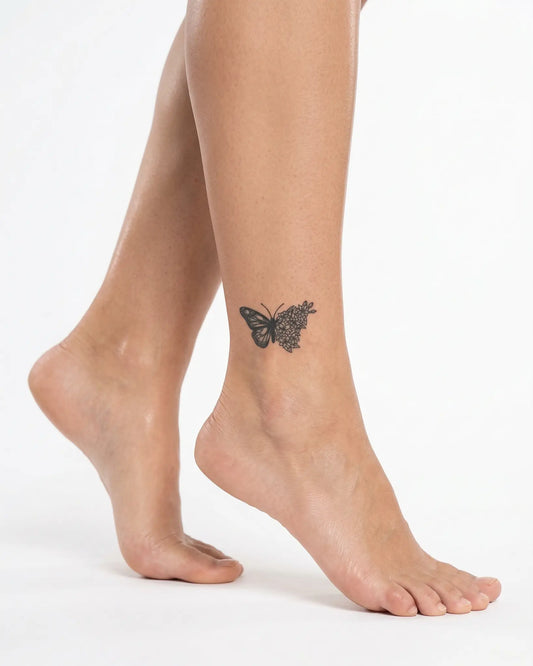 INKY Butterbloom semi-permanent tattoo applied on a woman – 2 x 2 in (4x4 cm) design, realistic ink look, lasts 10 days