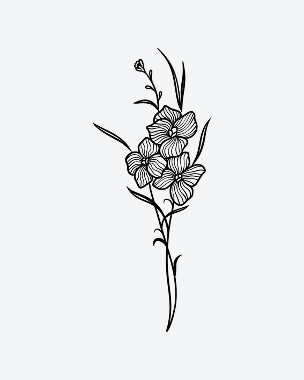 Floral Trio 2 semi-permanent tattoo design by INKY – Fine Line, Flower, Leaves, Lines, Petal illustration, 4 x 7 in (10x17 cm), available at inkytatt.com