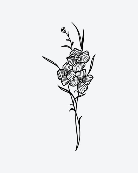 Floral Trio 2 semi-permanent tattoo design by INKY – Fine Line, Flower, Leaves, Lines, Petal illustration, 4 x 7 in (10x17 cm), available at inkytatt.com