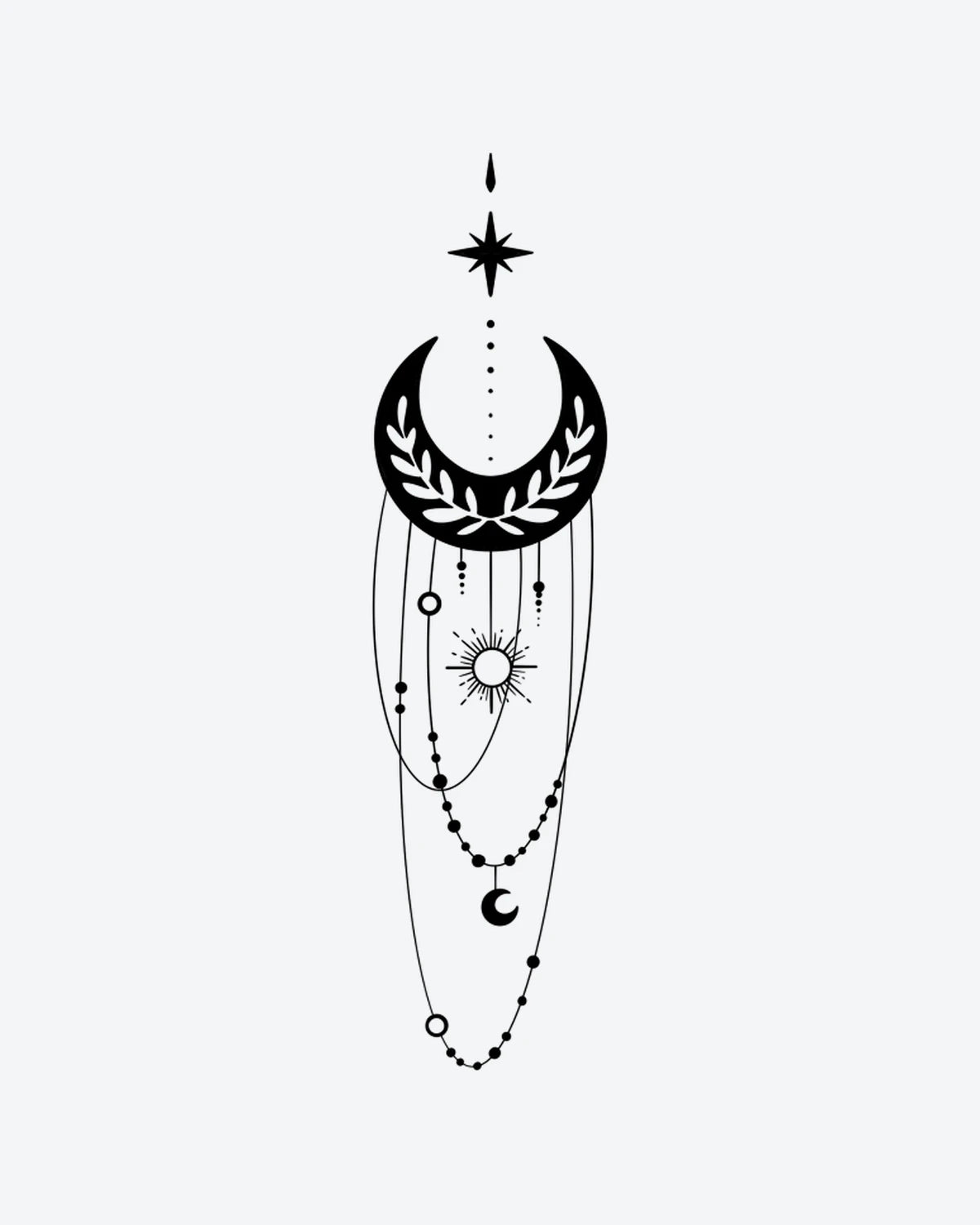 Mystic Moon semi-permanent tattoo design by INKY – Crescent Moon, Fine Line, Sun, Star, Chain illustration, 2 x 4 in (6x10 cm), available at inkytatt.com