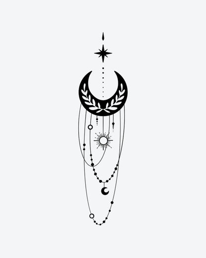 Mystic Moon semi-permanent tattoo design by INKY – Crescent Moon, Fine Line, Sun, Star, Chain illustration, 2 x 4 in (6x10 cm), available at inkytatt.com