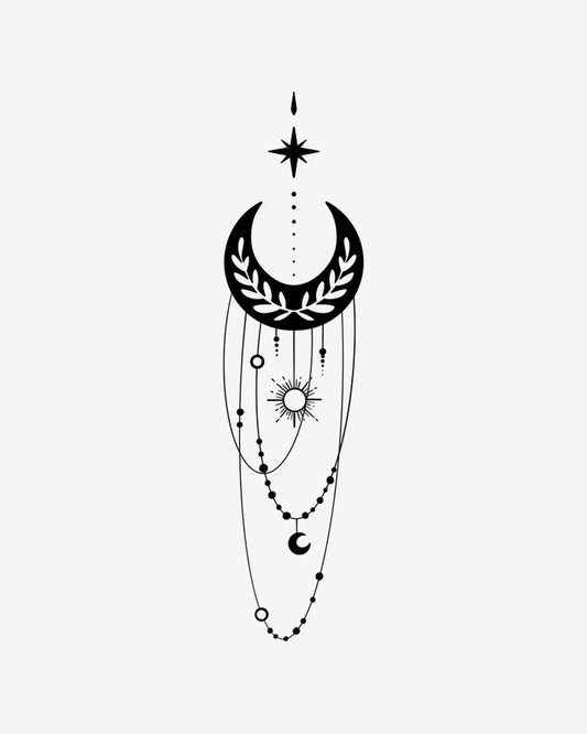 Mystic Moon semi-permanent tattoo design by INKY – Crescent Moon, Fine Line, Sun, Star, Chain illustration, 2 x 4 in (6x10 cm), available at inkytatt.com