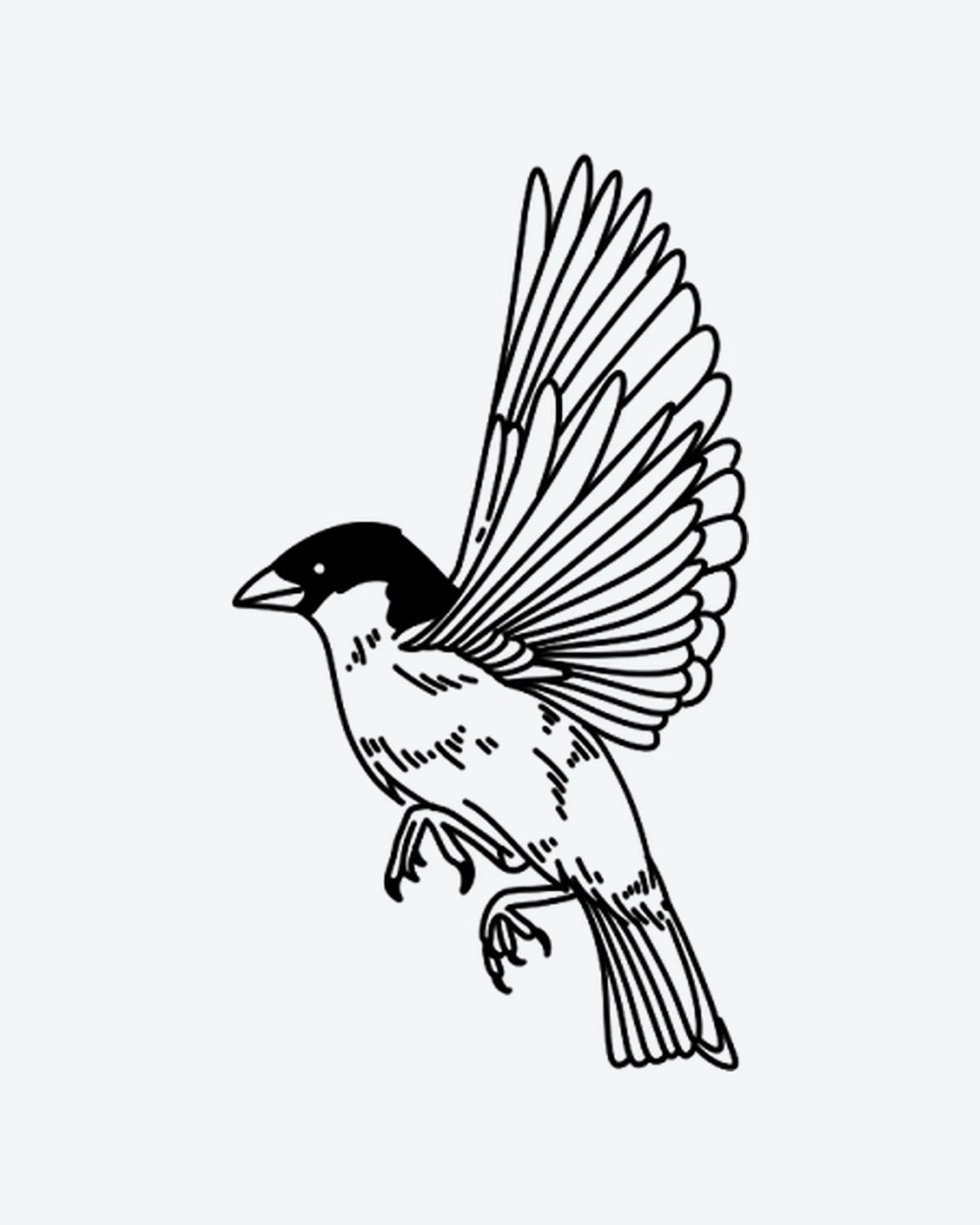 Flying Bird semi-permanent tattoo design by INKY – Fine Line, Bird, Feather, Eye illustration, 2 x 2 in (4x4 cm), available at inkytatt.com
