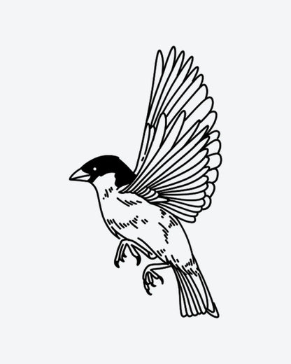 Flying Bird semi-permanent tattoo design by INKY – Fine Line, Bird, Feather, Eye illustration, 2 x 2 in (4x4 cm), available at inkytatt.com