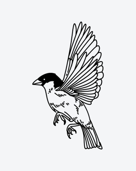 Flying Bird semi-permanent tattoo design by INKY – Fine Line, Bird, Feather, Eye illustration, 2 x 2 in (4x4 cm), available at inkytatt.com