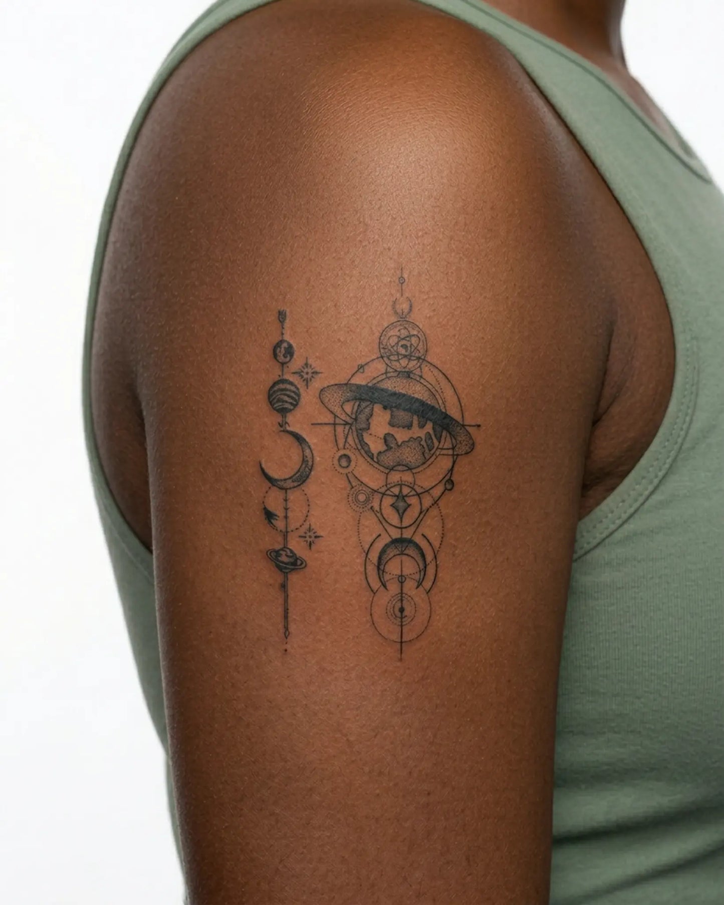 INKY Astro Deco semi-permanent tattoo applied on a woman – 3 x 4 in (7x10 cm) design, realistic ink look, lasts 10 days
