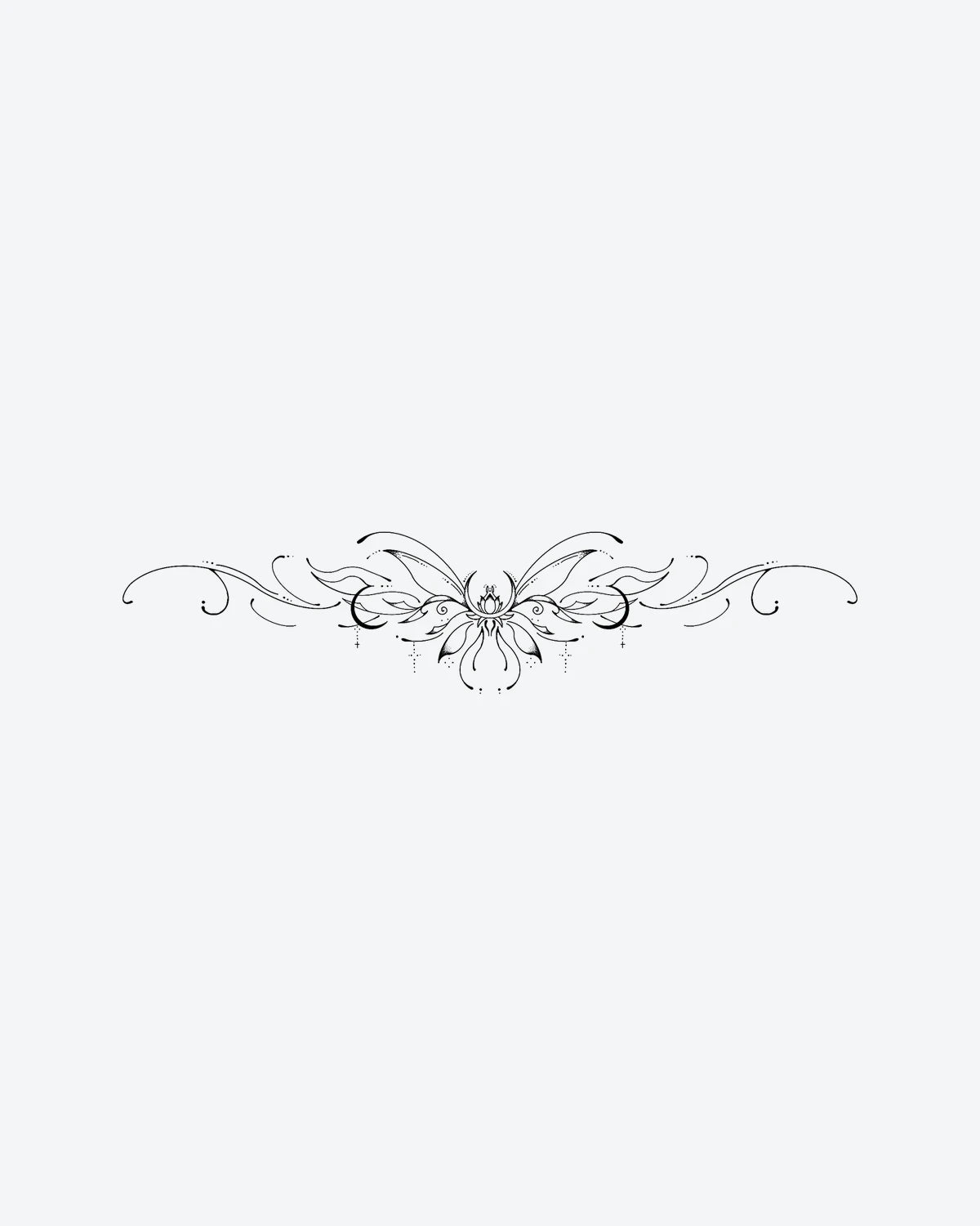 Ornate Bloom semi-permanent tattoo design by INKY – Fine Line, Lotus, Cross, Dots, Bloom illustration, 4 x 8 in (11x20 cm), available at inkytatt.com