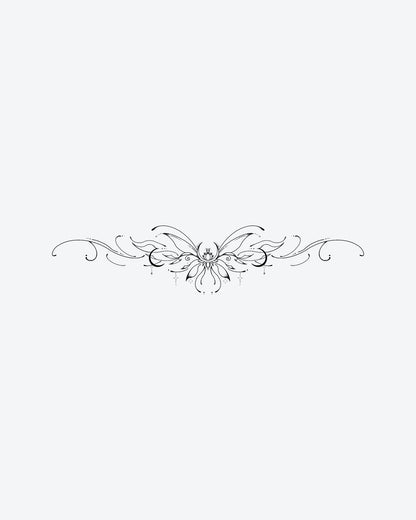 Ornate Bloom semi-permanent tattoo design by INKY – Fine Line, Lotus, Cross, Dots, Bloom illustration, 4 x 8 in (11x20 cm), available at inkytatt.com