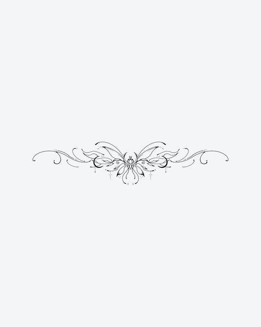 Ornate Bloom semi-permanent tattoo design by INKY – Fine Line, Lotus, Cross, Dots, Bloom illustration, 4 x 8 in (11x20 cm), available at inkytatt.com