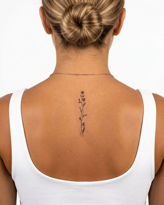 INKY Floral Stem 2 semi-permanent tattoo applied on a woman – 2 x 4 in (6x10 cm) design, realistic ink look, lasts 10 days