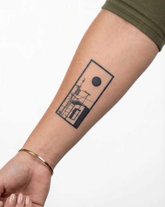 INKY Urban View semi-permanent tattoo applied on a woman – 2 x 4 in (6x10 cm) design, realistic ink look, lasts 10 days