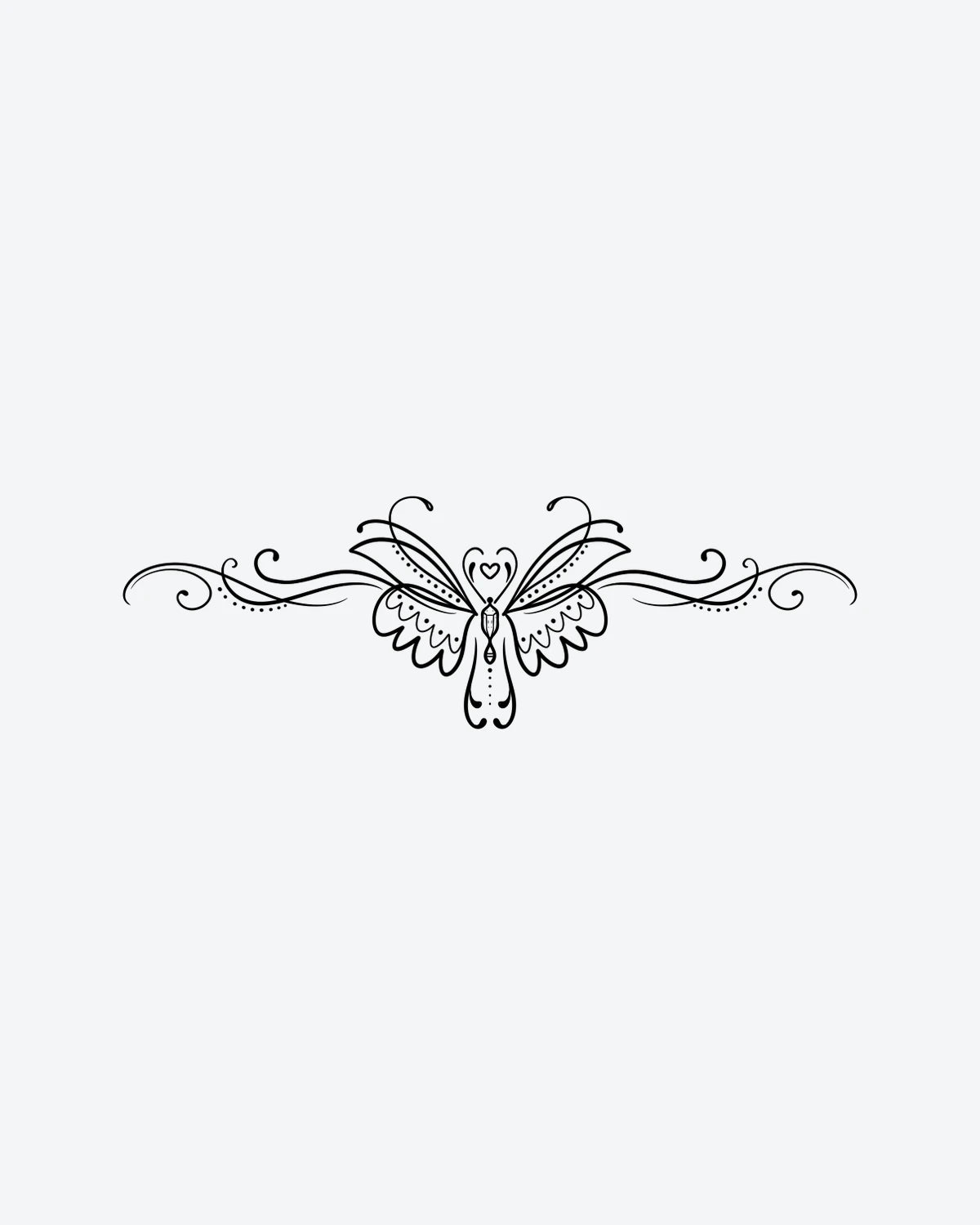Heart Swirl semi-permanent tattoo design by INKY – Fine Line, Butterfly, Heart, Lines illustration, 4 x 8 in (11x20 cm), available at inkytatt.com
