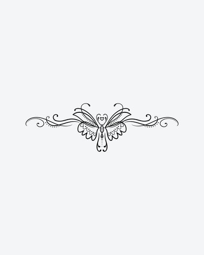 Heart Swirl semi-permanent tattoo design by INKY – Fine Line, Butterfly, Heart, Lines illustration, 4 x 8 in (11x20 cm), available at inkytatt.com