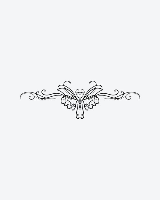 Heart Swirl semi-permanent tattoo design by INKY – Fine Line, Butterfly, Heart, Lines illustration, 4 x 8 in (11x20 cm), available at inkytatt.com