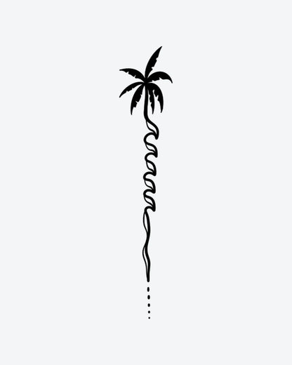 Palm Wave semi-permanent tattoo design by INKY – Palm Tree, Fine Line, Dots, Silhouette, Ocean illustration, 2 x 2 in (4x4 cm), available at inkytatt.com