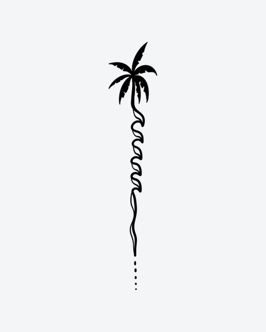 Palm Wave semi-permanent tattoo design by INKY – Palm Tree, Fine Line, Dots, Silhouette, Ocean illustration, 2 x 2 in (4x4 cm), available at inkytatt.com