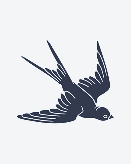 Swallow semi-permanent tattoo design by INKY – Bird, Feather, Eye, Wings, Lines illustration, 0.5 x 0.5 in (1x1 cm), available at inkytatt.com