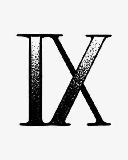 Dotwork 9 semi-permanent tattoo design by INKY – Roman Numeral, Dotwork, Pattern illustration, 2 x 2 in (4x4 cm), available at inkytatt.com
