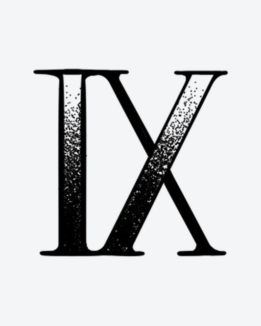 Dotwork 9 semi-permanent tattoo design by INKY – Roman Numeral, Dotwork, Pattern illustration, 2 x 2 in (4x4 cm), available at inkytatt.com