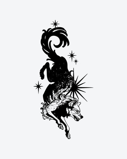 Star Wolf semi-permanent tattoo design by INKY – Wolf, Star illustration, 2 x 4 in (6x10 cm), available at inkytatt.com
